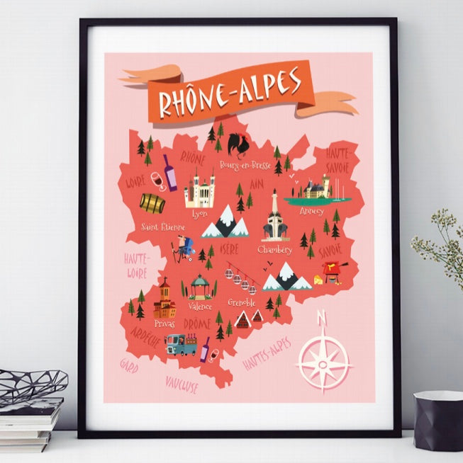 AFFICHE 18 CM PAR 24 CM RHÔNE-ALPES LA CARTE