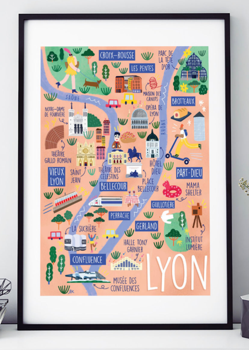 AFFICHE LYON LA CARTE EN 60 CM PAR 40 CM