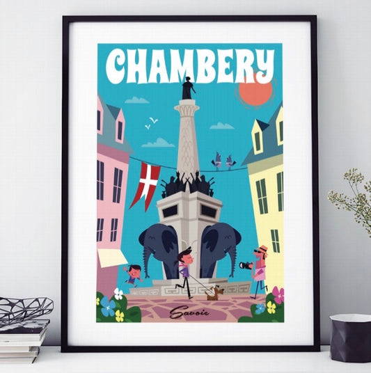 AFFICHE 18 CM PAR 24 CM  CHAMBÉRY FONTAINE DES ÉLÉPHANTS